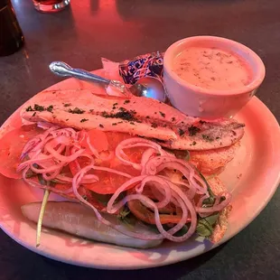 Lake Superior whitefish sandwich with clam chowder with wild rice.