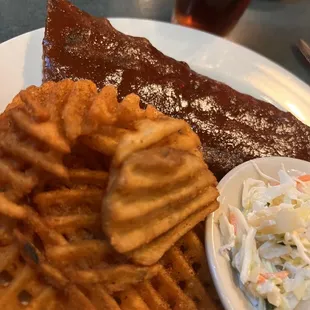 Nut Brown BBQ Smoked Pork Ribs (1/2 Rack $20) with interesting Pineapple Coleslaw