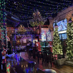 a bar decorated for christmas