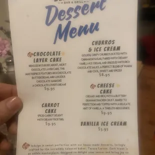 Dessert menu