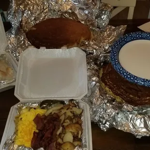 Big Man&apos;s Challenge Breakfast, Sausage Biscuits and Gravy and Chocolate Chip Pancakes.