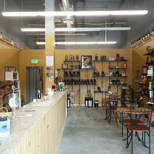 Tasting area and seating inside store.