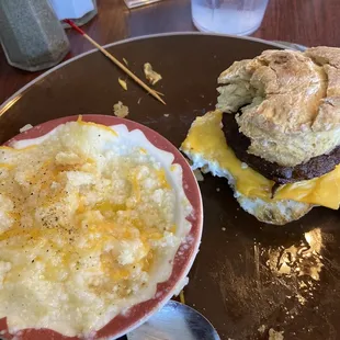 Cheese, grits, sausage, egg, and cheese biscuit