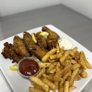 Lemon pepper wings, seasoned fries and house made ranch