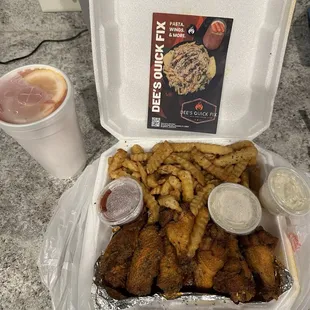 Wings, fries, and Dee's famous lemonade!!