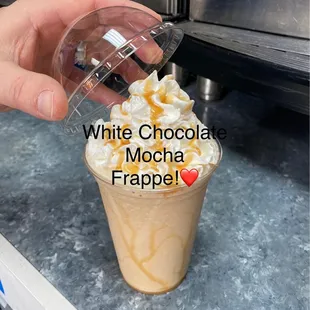 One of our most popular coffee drinks, the Frappe. We offer Mocha, White Mocha, Vanilla Bean, &amp; Strawberry.