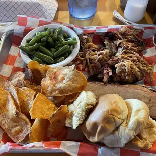 Combo no.2 with pulled pork and brisket (pass on this, there's an up charge). Optional slider buns. Good chips and green beans.
