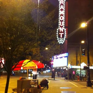 a street scene at night