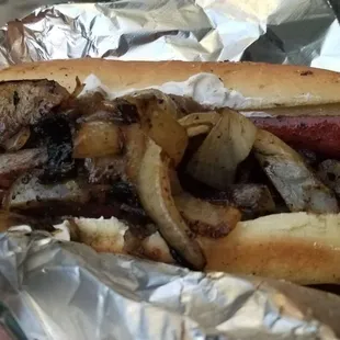 Seattle dog. Grilled onions and cream cheese