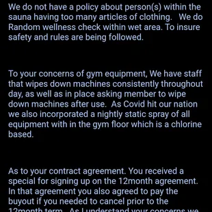 Response from management, who was at Defined Fitness. He had an employee tell my husband to email his complaints instead of talking to him.