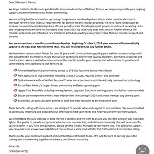 The edited email template which was my "notice" of rate increase.