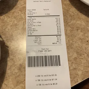 a receipt for a meal