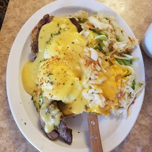 Steak , eggs and loaded hashbrowns