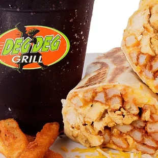 California burrito with Seasoned fries and Vimto drink