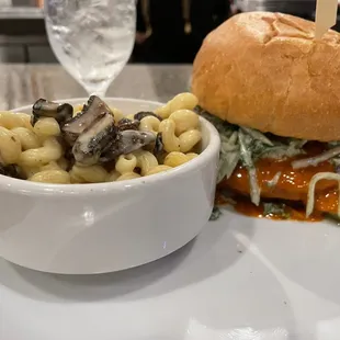 Buffalo Chicken Sandwich with Mac and Cheese (with mushrooms on top)