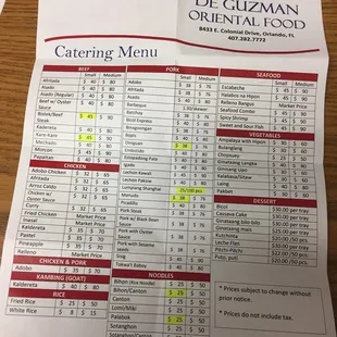 Catering menu