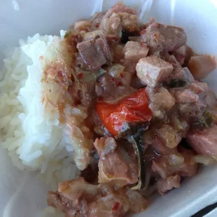 Bicol Express served with white rice (tender pork cooked in coconut milk with shrimp paste and chilies)