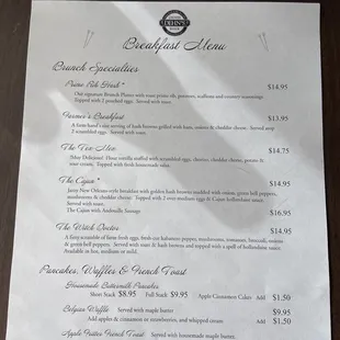 Menu for Sunday Brunch