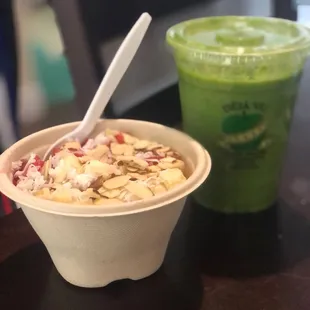 Açaí Bowl and The green wellness juice. Great flavors but açaí was melted and watery in the bowl.