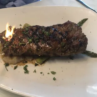 New York Strip Steak ( Yes the thyme is on fire for presentation)