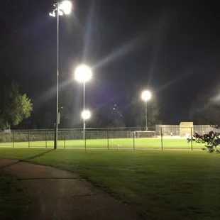 The baseball field lit up on game night.