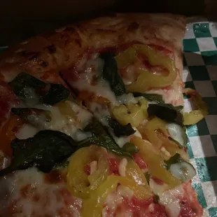 Cheese Pizza with spinach and banana peppers