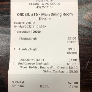 a receipt for a restaurant