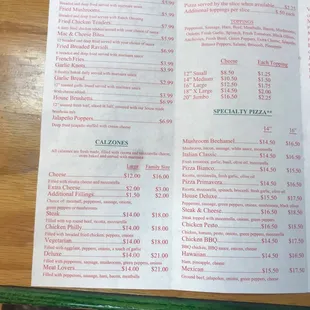 Appetizers, Calzones, Pizzas