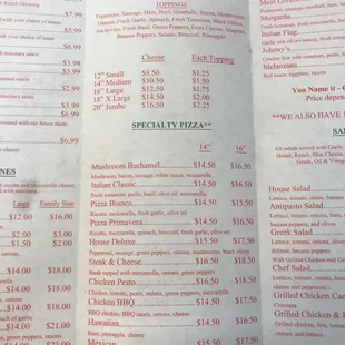 Specialty pizza options.