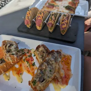 Philly cheesesteak egg rolls / tuna tacos / pepperoni pizza