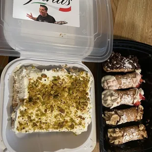 Pistachio tiramisu and then the cannoli are: chocolate chip, strawberries and cream and the dulce de leche.
