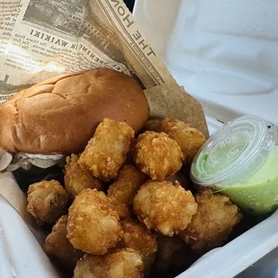Hapa Burger, tater tots with side creamy wasabi sauce
