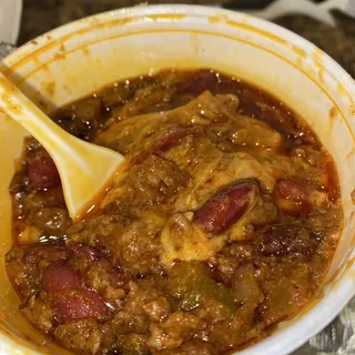 Bowl of Chili with Bagel and Cream Cheese