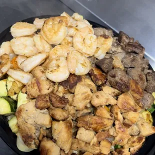 Our Trio plate, comes with all 3 meats, steak, chicken and shrimp