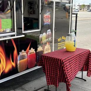 a table with a red checkered tablecloth