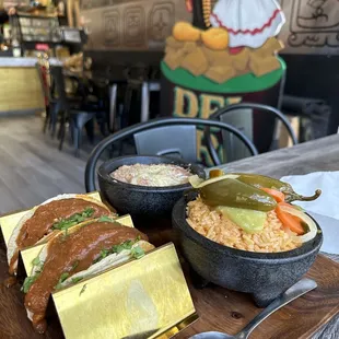 Two taco plate with rice and beans