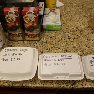 Yuca and fries side sizes.