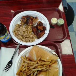 1/4chicken, rice and plantens, steak and cheese w/fries