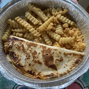 Kids Meal Grilled Chicken Quesadilla D. Kid&apos;s 1 Quesadilla, Rice and French Fries