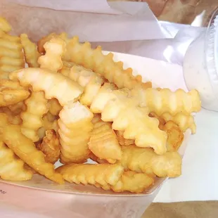 Crinkle cut fries, best in their yummy ranch!