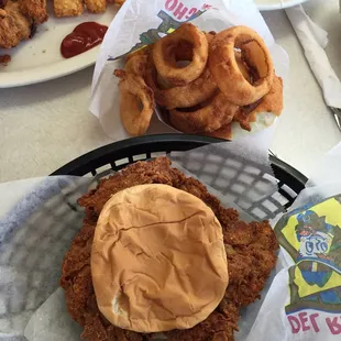 a burger and onion rings