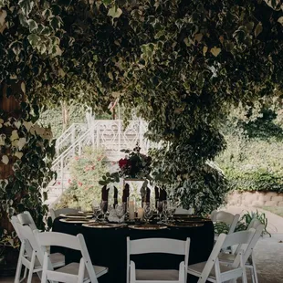 Beautiful table setting + surrounding greenery, wedding 10/21/23