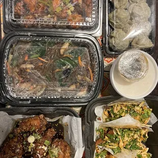 OG Chicken, Japchae, K-Town Chicken Wings (8 pc), Kalbi, Spicy BBQ Pork, Sesame - Chili Shrimp, Seoul Style Street Dumplings (8 pc)