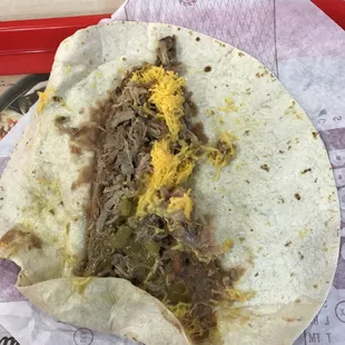 Carnitas burrito dissected - solid chunk of lean carnitas meat!