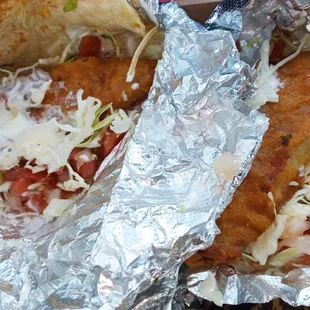Beer-battered fish tacos.