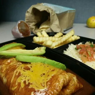 Care Asada wet burrito comes with rice,  beans,  chips &amp; salsa (I subbed their beans for fries)