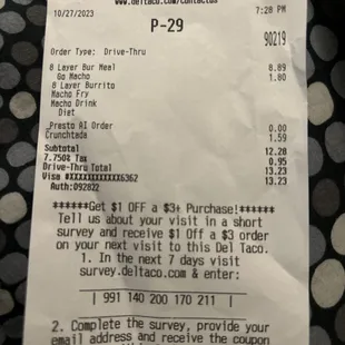 a receipt for a restaurant