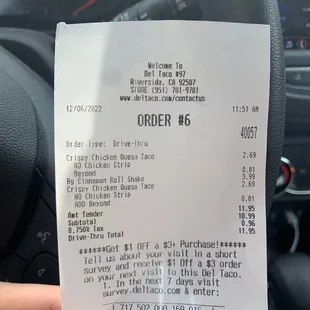 Receipt of 2 beyond tacos and 1 regular size churro shake.