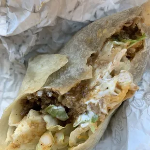 Inside of beef and bean Epic Combo Beef &amp; Bean Burrito