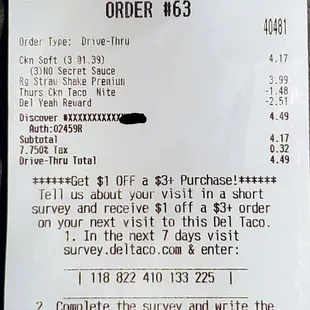 Receipt showing the price of the shake ($3.99) and the Del rewards app coupon discount ($2.51) for the shake. Not free!